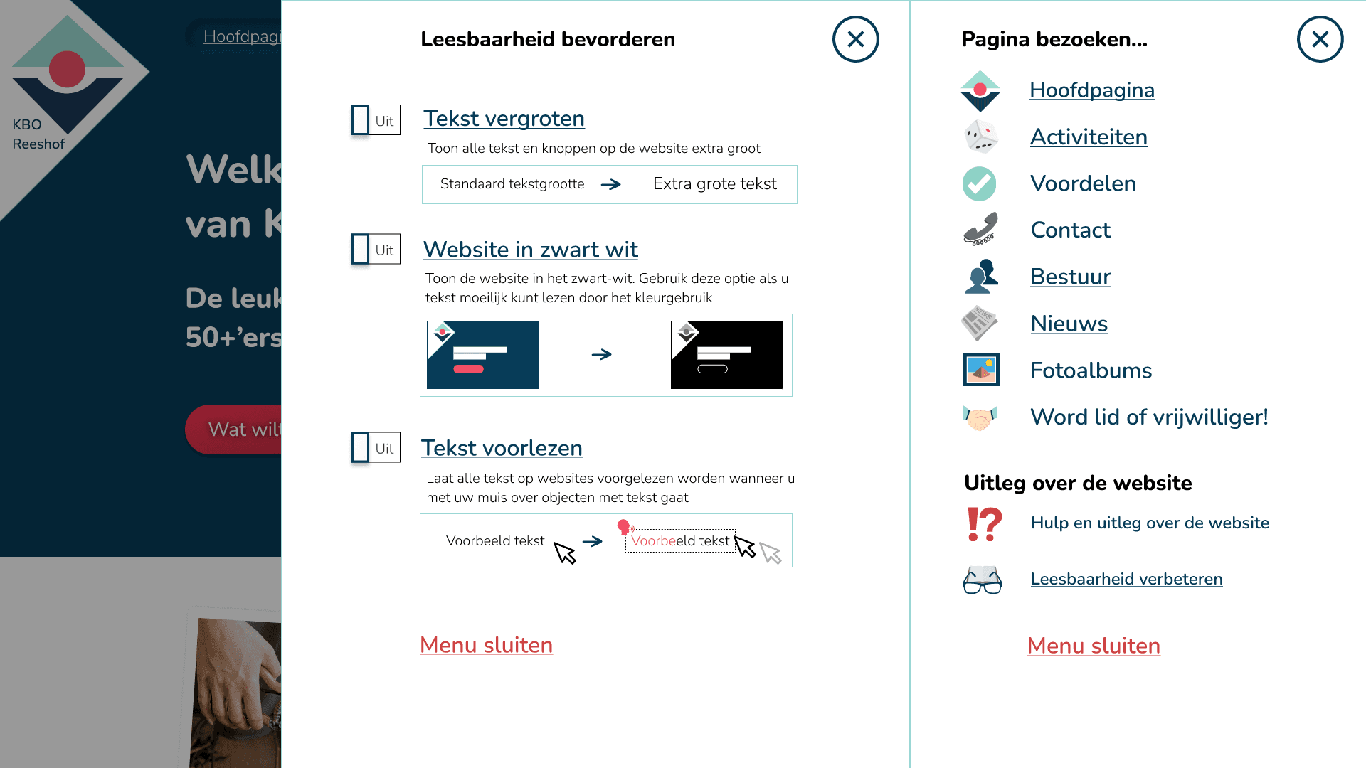KBO Reeshof Menu uitgeklapt
